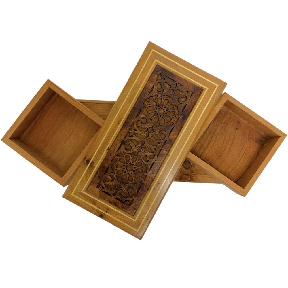 Vintage Handmade Wooden Jewelry Box Hidden Compartment Floral Frieze Panel 8.25"